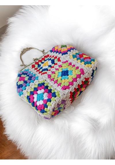 Embahandmde El Yapımı Metal Klipsli Renkli Granny Square Omuz Çantası Gümüş Zincirli Ekru - Çok Renkli