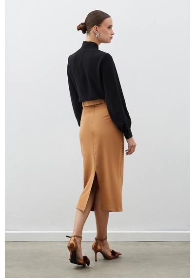Sateen Kemerli Kalem Etek - Camel-132464 Camel