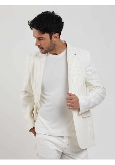 Dufy Ekru Erkek Regular Fit Çizgili Sivri Yaka Keten Ceket - 104438-ekru Ekru