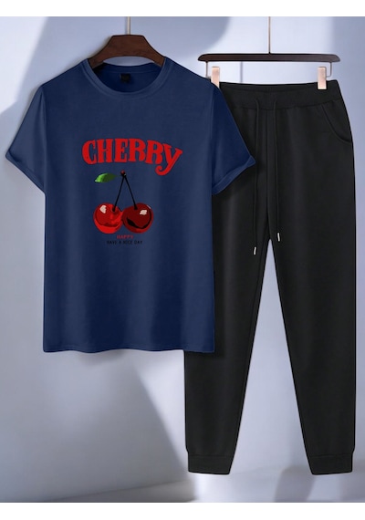 Uyguntarz Unisex Happy Cherry Tasarım Basklı Tshirt Eşofman Takımı Lacivert