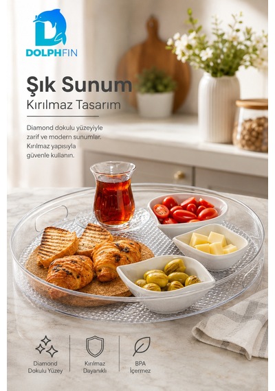 Diamond Kırılmaz Yuvarlak Servis Tepsisi 39 Cm Kulplu Kaymaz Şeffaf Bpa İçermez