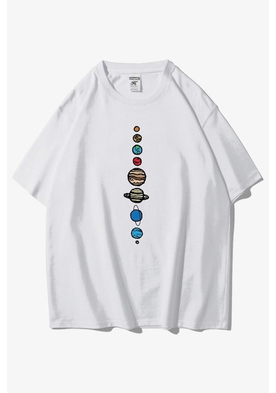 Flood Of Style Unisex Beyaz 9 Gezegen Baskılı Oversize Bisiklet Yaka Tshirt