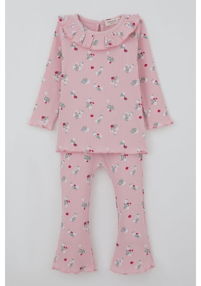 Breeze Kız Bebek Taytlı Takım Çiçek Desenli Yaka Kısmı Fırfır Detaylı 6 Ay-2 Yaş, Pembe Pembe