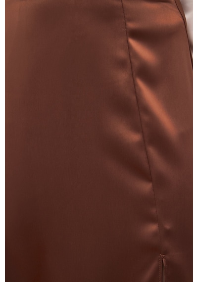 Sateen Yırtmaçlı Saten Etek - Kahve-136723 Kahve