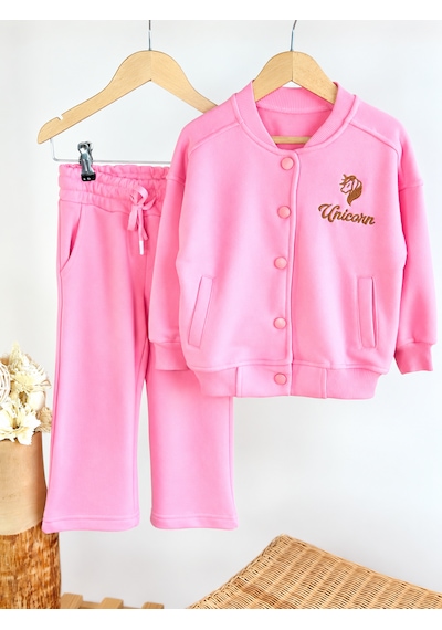 Elzo Collection Kız Çocuk Unicorn Nakış İşlemeli Pembe Kolej Ceket Eşofman Alt Üst Takım