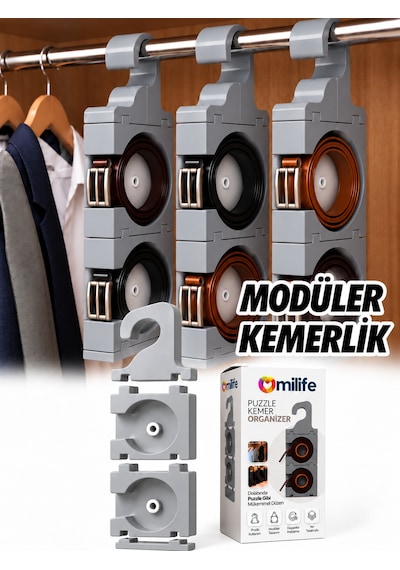 Modüler Puzzle Kemer Organizeri Birbirine Eklenebilir Rulo Kemer Düzenleyici Dolap İçi Kemerlik Gri