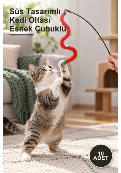 10 Adet Süs Tasarımlı Kedi Oltası Esnek Çubuklu