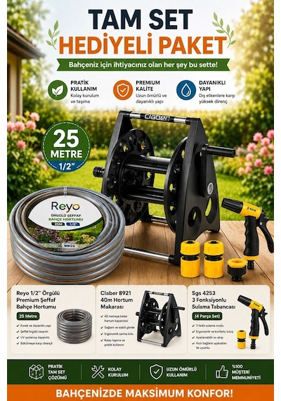 Claber 8921 40m Hortum Makarası + 25m Bahçe Hortumu + 3 Fonksiyonlu Sulama Tabancası, Tam Set