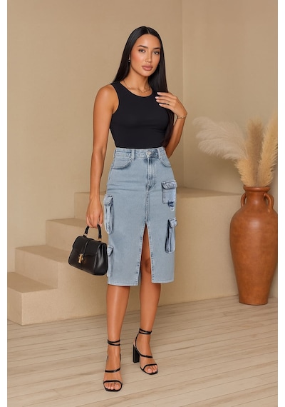 Banny Jeans Kadın Kargo Cepli Önden Yırtmaçlı Jean Etek Buz Mavi 001