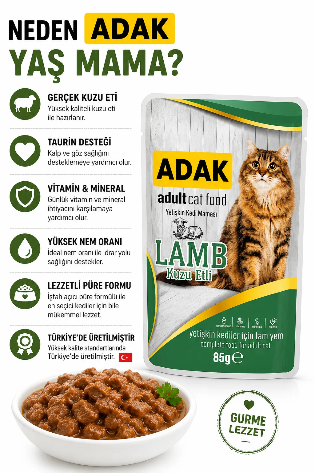 Adak Adult Yetişkin Kedi Yaş Mama Pouch Kuzu Etli 85 Gr X 24 Adet 24 Al 20 Öde