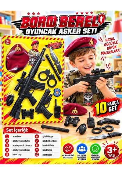 Oyuncak Komando Bordo Bere Asker Polis Seti Hedefli Dart Seti Yelekli Aksiyon Seti 10-16 Parça Kırmızı
