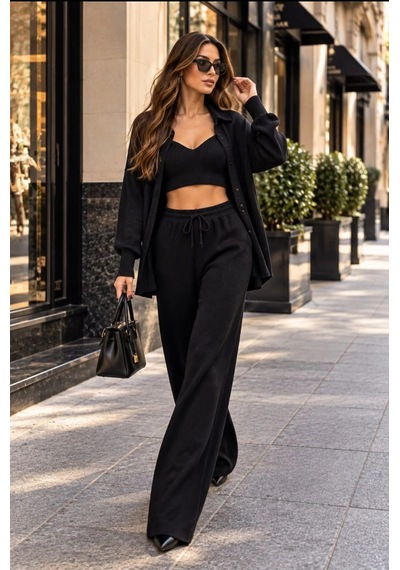 Tencelle Woman Kadın Siyah Örme 3 Lü Takım Gömlek Büstiyer Ve Bol Paça Pantolon Set