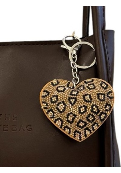 Leopar Desenli Taşlı Kalp Charm Çanta Aksesuarı Anahtarlık