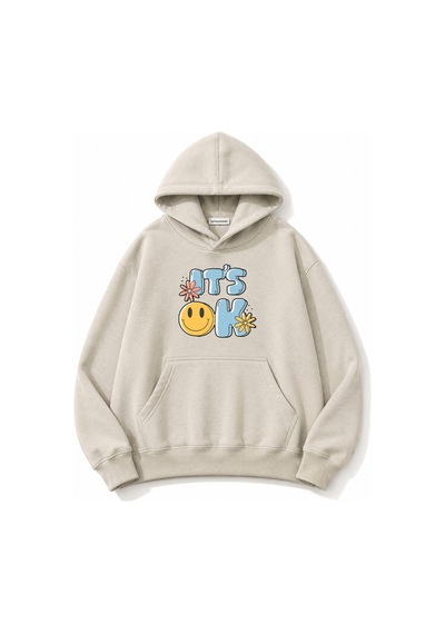 Herkesemoda İt's Ok Baskılı Kapüşonlu 2 İplik Şardonlu Sweatshirt Bej