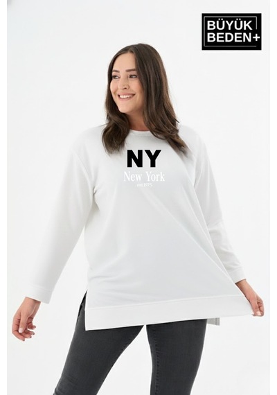 Süperlife Kadın Tunik Büyük Beden Ny Newyork Baskılı İnce Sweatshırt Spr26btk990-1 Ecru