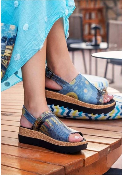Kadın Vegan Deri Çok Renkli Kalın Taban Sandalet - Sea Sparkle Tasarım Çok Renkli