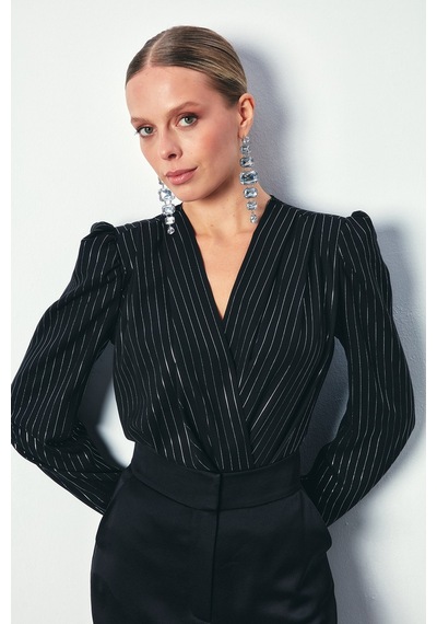 Sateen Parlak Çizgili Bodysuit Bluz - Siyah
