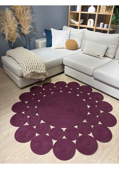Mavaux Papatya Hasır Jüt Çiçek Desenli Kilim Halı Mürdüm