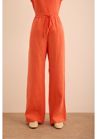 Aker Beli Lastikli Keten Pantolon Mercan Mercan