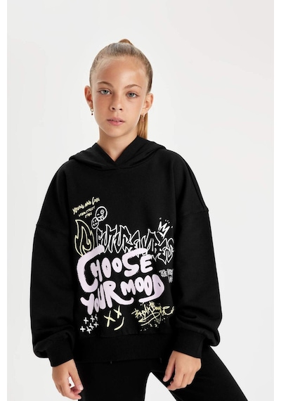 DeFacto Kız Çocuk Siyah Oversize Geniş Kalıp Kapüşonlu Baskılı Sweatshirt D0614A824AUBK81 Siyah