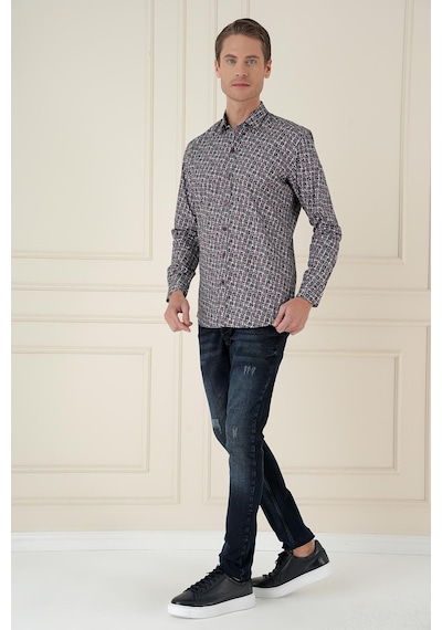 Efor Slim Fit Baskılı %100 Pamuk Spor Gri Gömlek G 1586 Gri