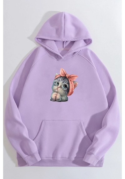 Uyguntarz Unisex Sevimli Kedi Sweatshirt Lila