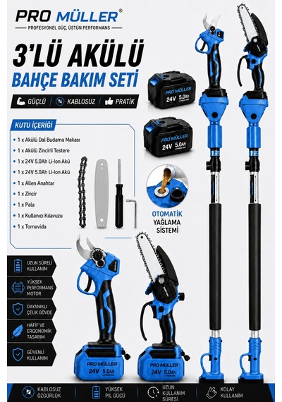 Pro Müller Professional 3'lü Set 24 V Çift Akülü Teleskopik Kollu Bağ Makası Ve Budama Testeresi Makinesi