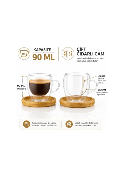 6'li Çift Cidarlı Cam Kupa & Bambu Tabak Seti Espresso & Türk Kahvesi Fincan Takımı 90 Ml Çok Renkli