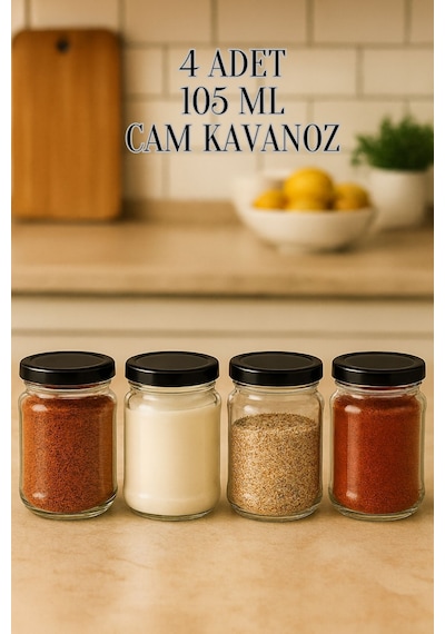 4 Adet 105 Ml Baharatlık Mama Şekerleme Çok Amaçlı Metal Kapaklı 105 Cc Kısa Cam Kavanoz Siyah