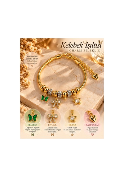 Kelebek Işıltısı Charm Bileklik Yeşil Kelebek, Fiyonk Ve Yıldız Detaylı Altın Renk Altın