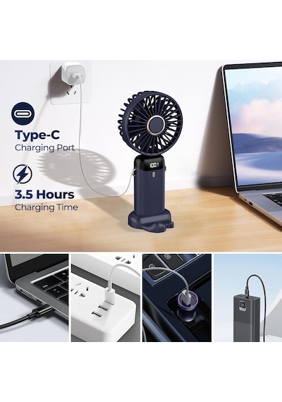 Taşınabilir Usb Vantilatör, 4200mah Şarjlı El Tipi Fan, Led Ekranlı, 3'ü 1 Arada El/boyun/masa Fanı, Yaz, Ofis,