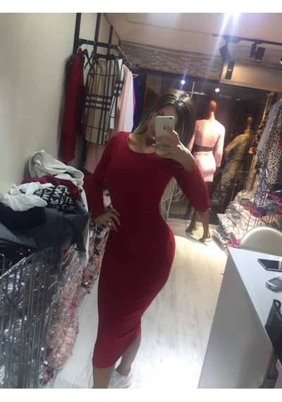Pink Life Sandy Kumaş Uzun Kullu Kırmızı Maksi Elbise Kırmızı