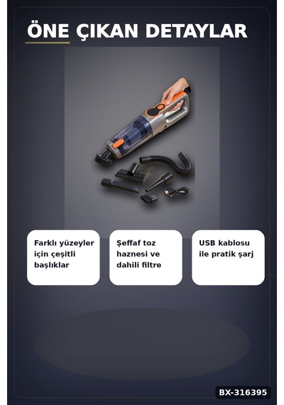 Araç İçi El Süpürgesi Şarjlı Usb Kablolu Esnek Hortumlu Temizlik Seti Bx-316395 Diğer