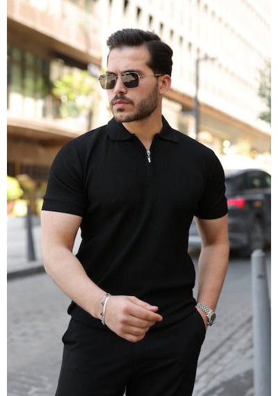 Efnaz Style Erkek Fermuarlı Yakalı Kısa Kollu Tshirt Siyah