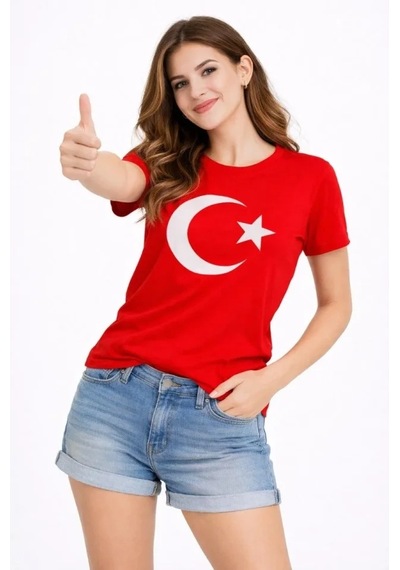 Defymoda T-shirt Kısa Kol Bisiklet Yaka Ay Yıldız Bayrak Baskılı Tişört - Kırmızı