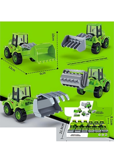 Çocuklar İçin Eğlenceli 4 Lü İş Makinesi Oyuncak Seti Kepçe Ekskavatör Dozer Ve Taşıyıcı Bir Arada Yeşil
