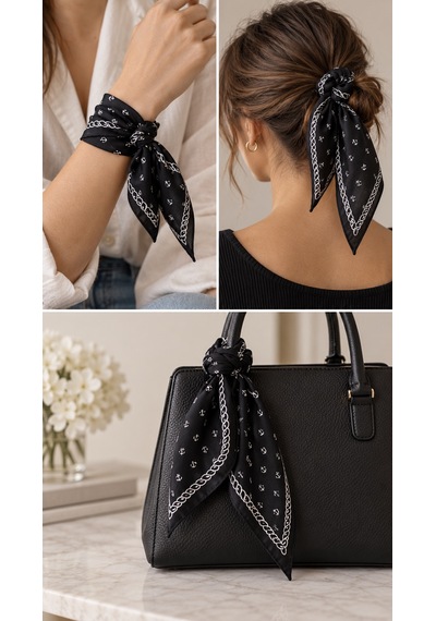Herşeynota 12'li Siyah Çapa Desenli Fular 52x52 Cm %100 Pamuk Kare Bandana Seti Çok Renkli