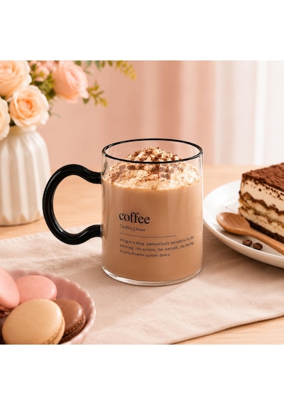 Coffee Yazılı Cam Kupa, Siyah Kulplu Şeffaf Kahve Bardağı, Çay Latte Ve Sıcak Soğuk İçecekler İçin Modern Cam Bardak 6998