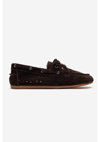 Luvishoes Stevo Kahverengi Süet Hakiki Deri Delikli Bağcıklı Kadın Loafer Ayakkabı