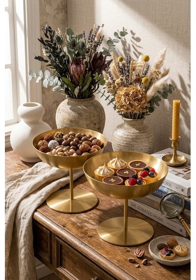 Lüks İnce Ayaklı Gold Metal Çerezlik Ve Sunumluk İkili Set - Dekoratif Tatlılık Ve İkramlık Kasesi