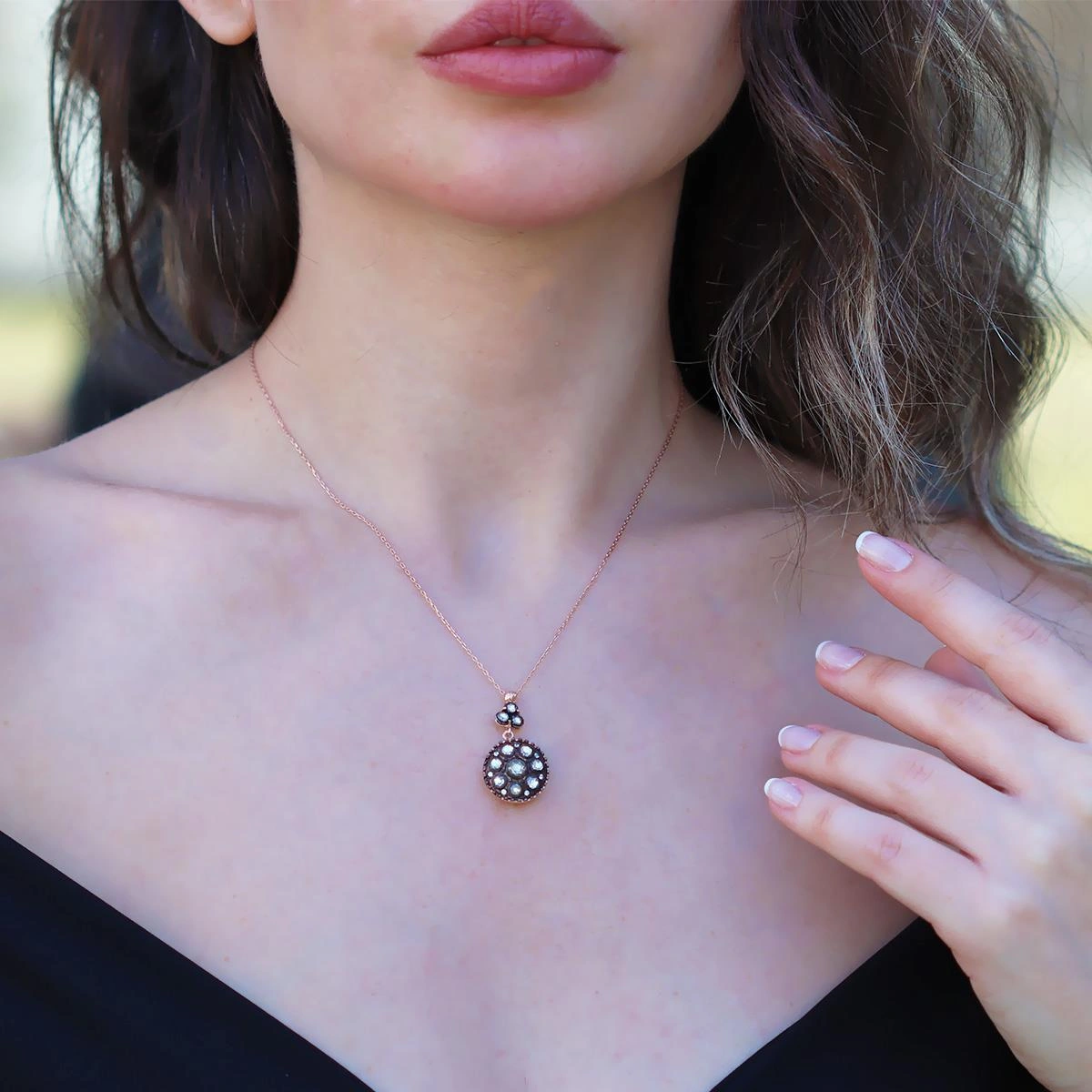 Elmas Montür Yuvarlak Rose Gold Gümüş Kolye Gümüş