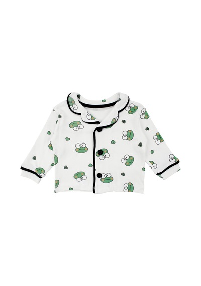 Bebegen Unisex Ekru Yeşil Kurbağa Desenli Kruvaze Yaka Pijama Takımı Çok Renkli