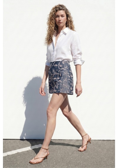 Sateen Denim Görünümlü Nakışlı Şort Etek - Lacivert-137538