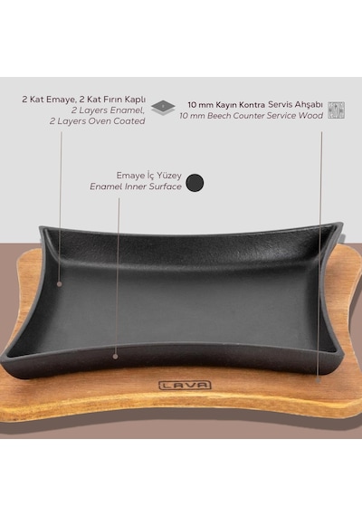 Lava Döküm Dikdörtgen Servis Tabağı Ve Ahşap Altlığı. Ölçü 13x17cm.