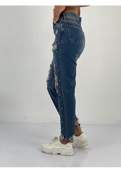 Miss Poem Kadın Taş Detaylı Lacivert Denim Kot Pantolon Lacivert