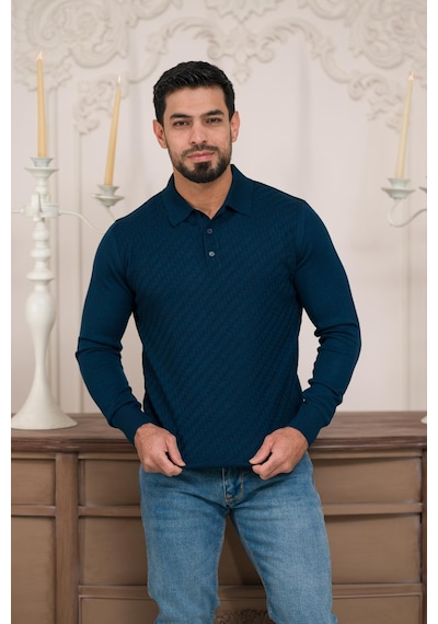 Woolen World Polo Yaka Slimfit Desenli Yünlü Erkek Triko Kazak İndigo