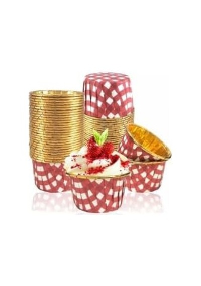 Tr 25'li Kırmızı Gold Ekoseli Kırmızı Pötikare Muffin Kek Kalıbı, Kek Kapsülü Cupcake Kalıbı, Airfryer Uyum Genel