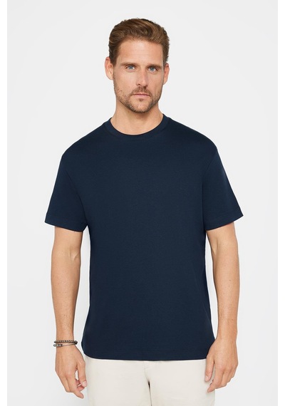 Tudors Unisex Relax Fit Rahat Kesim %100 Pamuk Yumuşak Dokulu Basic Bisiklet Yaka Lacivert Tişört-30849 Lacivert
