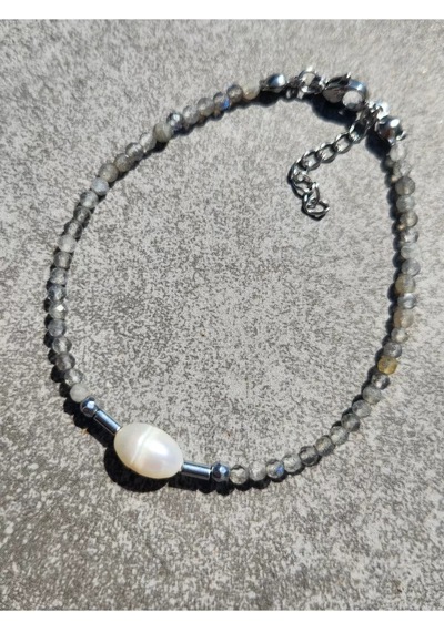 Doğaltaş Labradorit Ve İnci 3 Mm Çelik Bileklik Gri