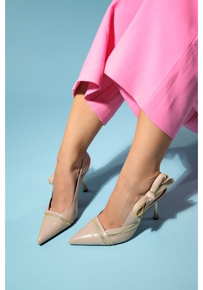 Luvishoes Glen Bej Cilt Fermuar Detaylı Kadın Yüksek Topuklu Ayakkabı Bej